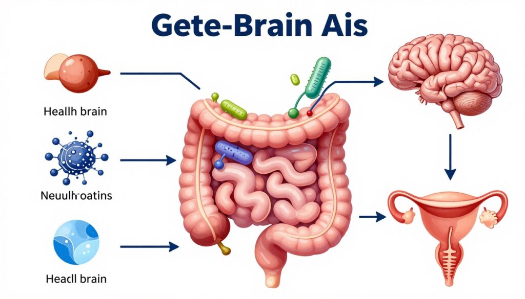 Illustration of gut microbiome showing beneficial bacteria and their connection to brain and hormones