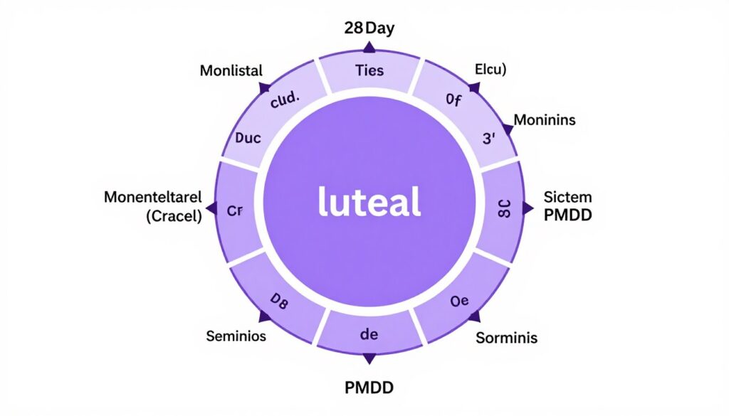 Illustration showing the menstrual cycle phases with highlighted luteal phase when PMDD symptoms appear