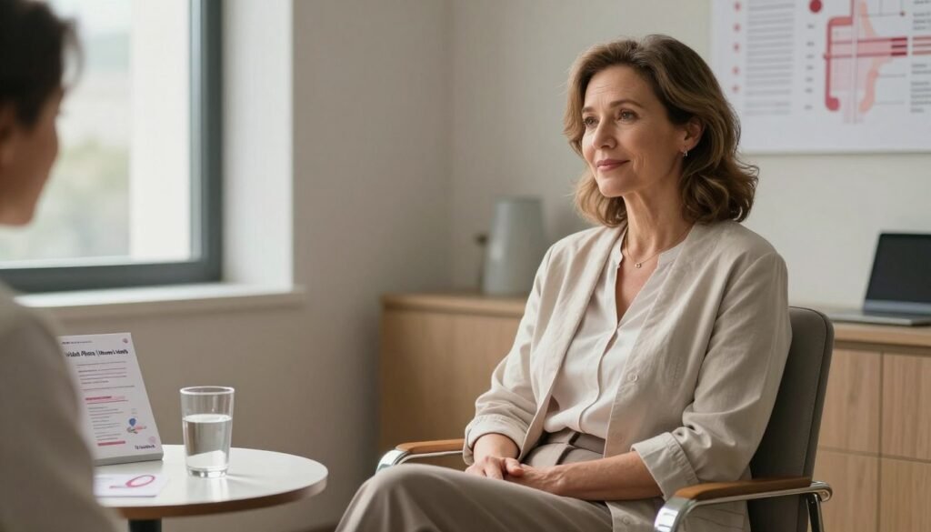 Image depicting a serene, modern doctor's office where a middle-aged woman, dressed in modest, professional attire, sits comfortably in a chair. She appears thoughtful and relaxed, with a faint smile that conveys a sense of understanding and hope regarding her experience with menopause. Soft, natural lighting filters in through a window, creating a warm atmosphere. On a nearby table, there are health pamphlets and a glass of water, symbolizing self-care and communication about women's health. In the background, subtle images and charts of hormone levels and temperature regulation can be faintly seen on the wall, reinforcing the theme of menopause and its effects. The overall mood is calm and supportive, emphasizing empowerment in women's health experiences. The image should convey premium quality, suitable for editorial purposes, branded with "Vidah Plena | Women's Health" subtly integrated into the design.
