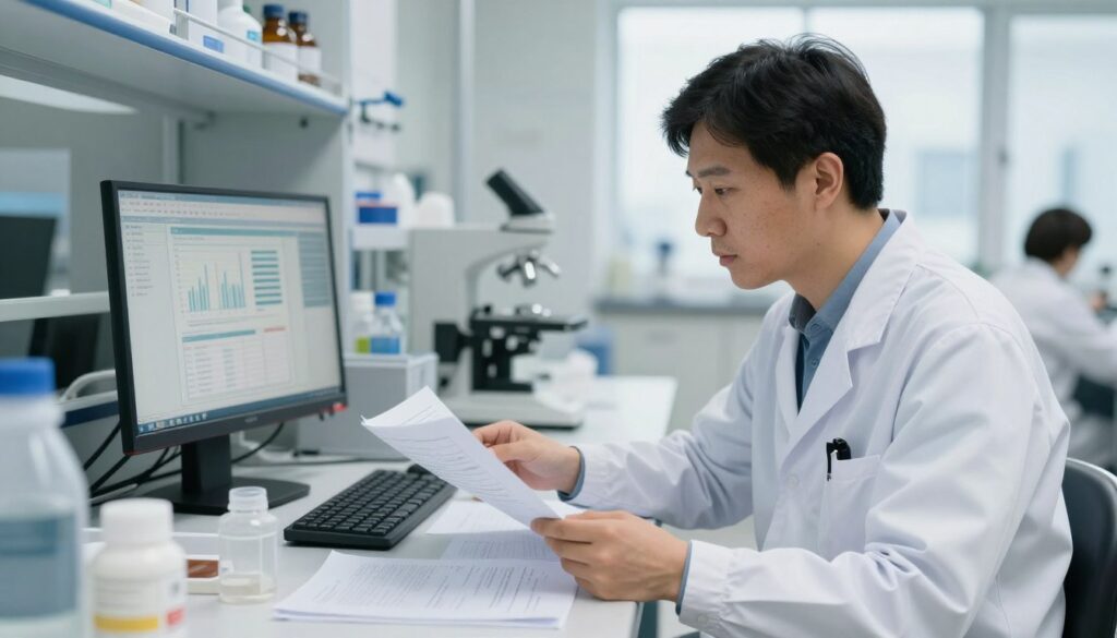 Medical researcher reviewing clinical studies and research papers about PMDD supplement effectiveness