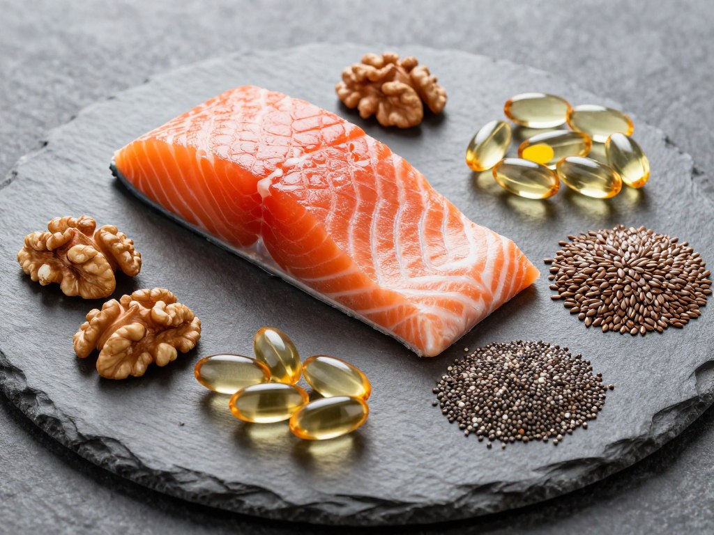 Omega-3 sources including fish oil supplements, salmon, walnuts, and chia seeds