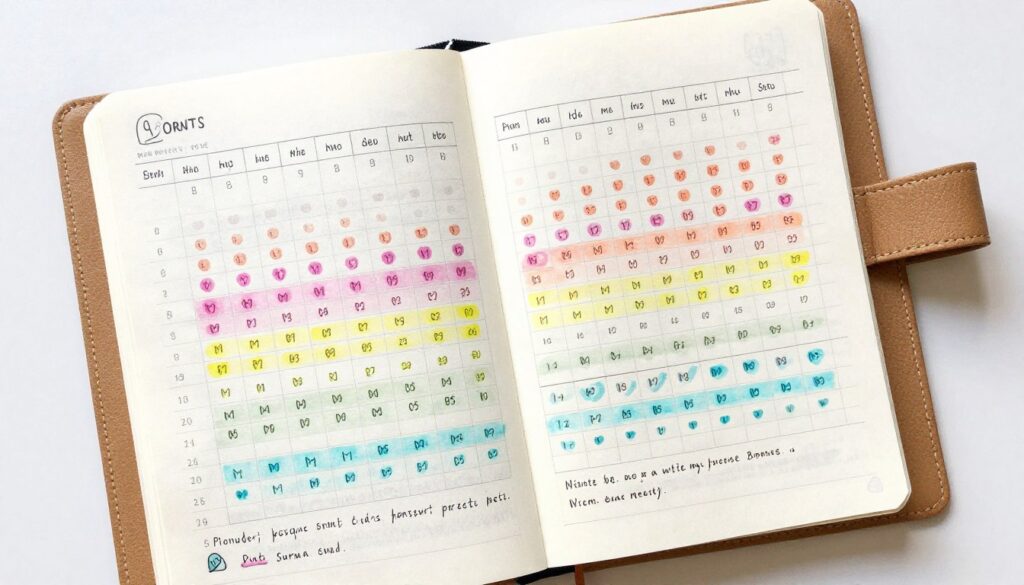Progress tracking journal showing three menstrual cycles with symptom improvements