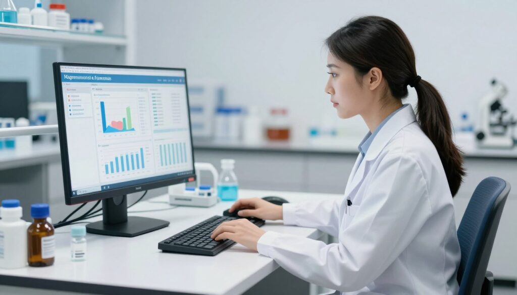 Research scientist reviewing clinical trial data on computer screen showing magnesium supplementation results for PMDD