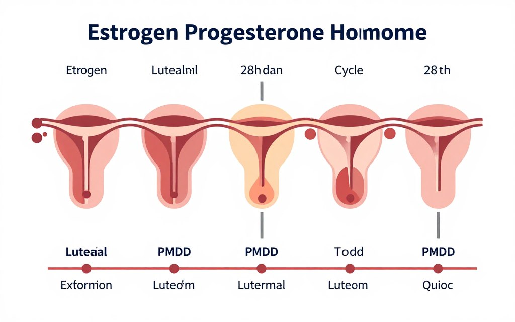 Scientific diagram showing hormonal fluctuations throughout menstrual cycle with focus on luteal phase and PMDD symptoms
