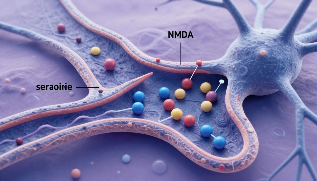 Scientific illustration of neuron synapse showing magnesium interaction with NMDA receptors and neurotransmitter activity in brain