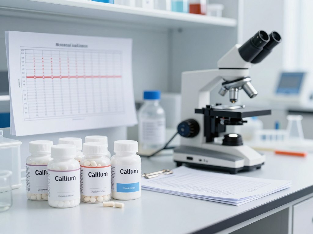 Scientific laboratory setting showing calcium supplement research materials and medical charts
