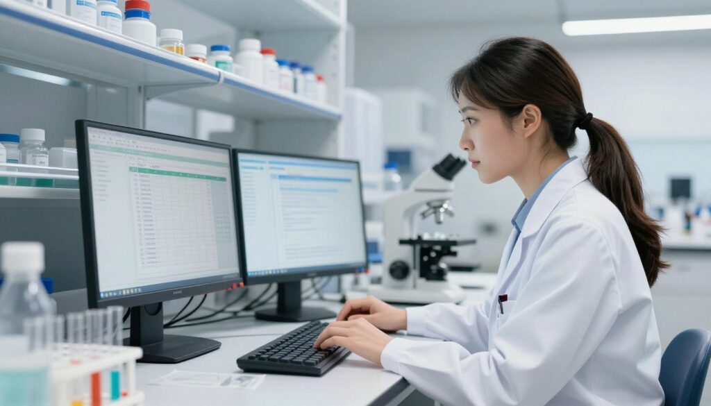 Scientist analyzing PMDD research data in laboratory