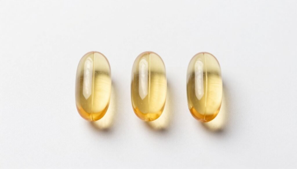 Three golden, translucent omega-3 fish oil softgels lying on a clean white surface with a minimalist aesthetic.