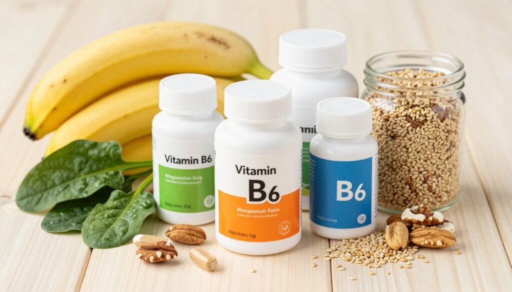 Vitamin B6 and magnesium supplements side by side with fruits and vegetables rich in these nutrients