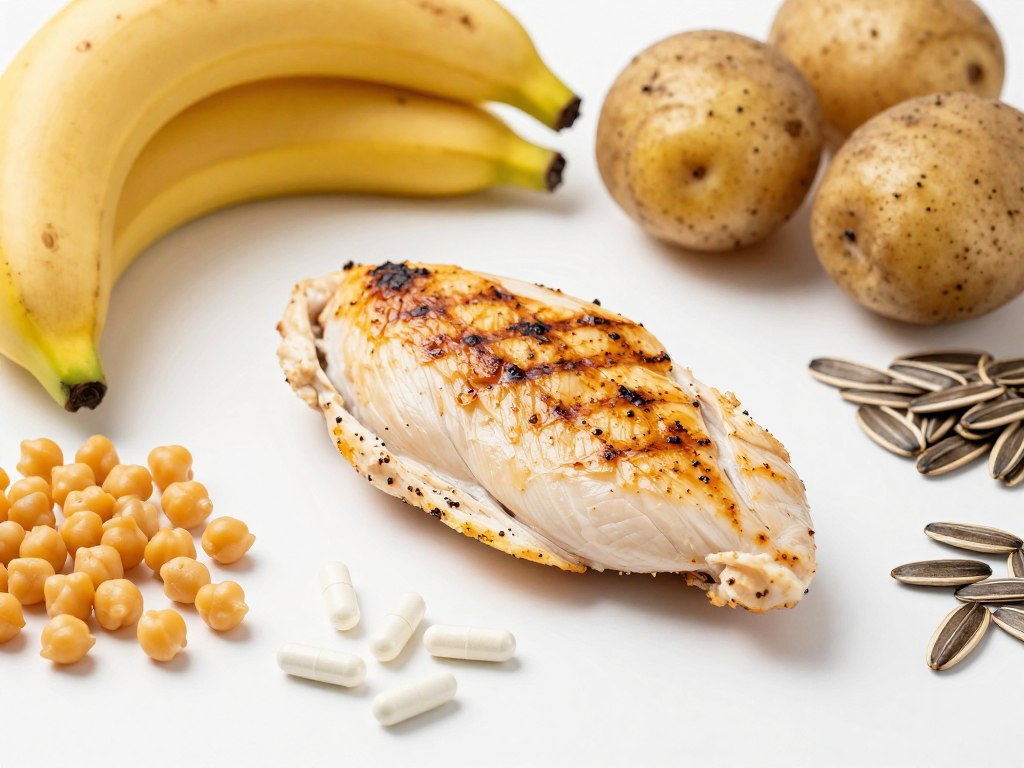 Vitamin B6-rich foods including chicken, bananas, potatoes, and B6 supplement tablets