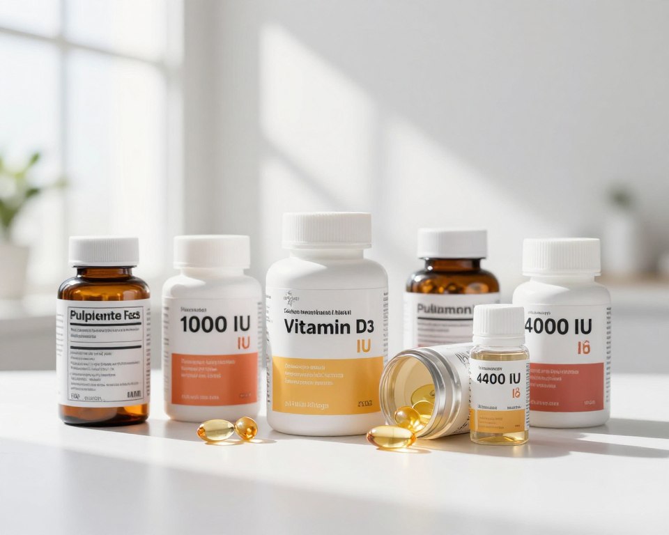 Vitamin D supplement bottles showing recommended dosage