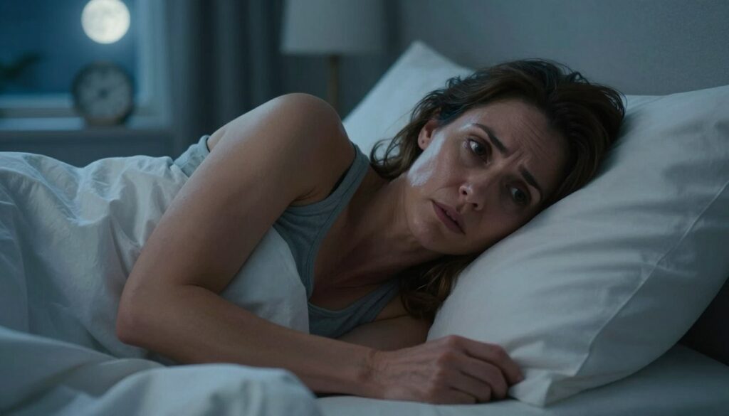 Woman awake at night experiencing insomnia, racing thoughts and anxiety-related sleep disturbance