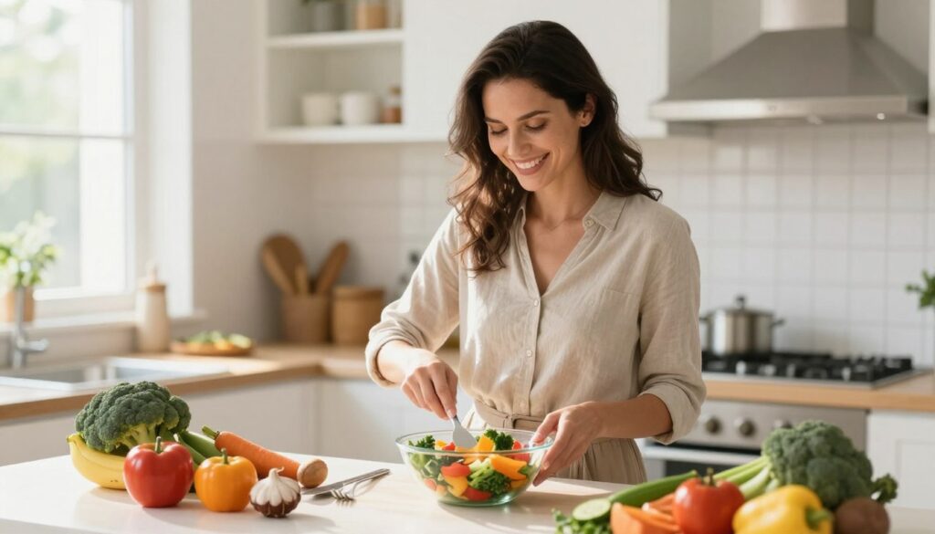 Woman feeling better while preparing healthy anti-inflammatory meal in sunny kitchen