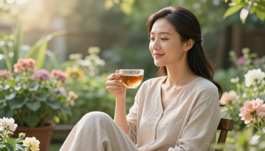 Woman feeling calm and peaceful outdoors during luteal phase showing successful PMDD symptom management