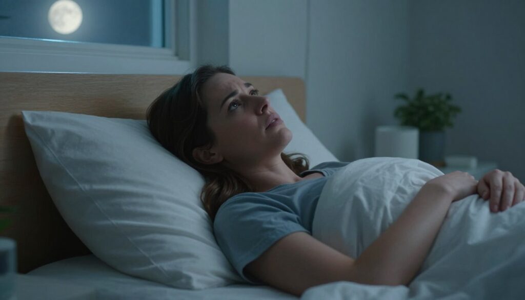 Woman lying awake at night struggling with racing thoughts and overthinking due to anxiety symptoms
