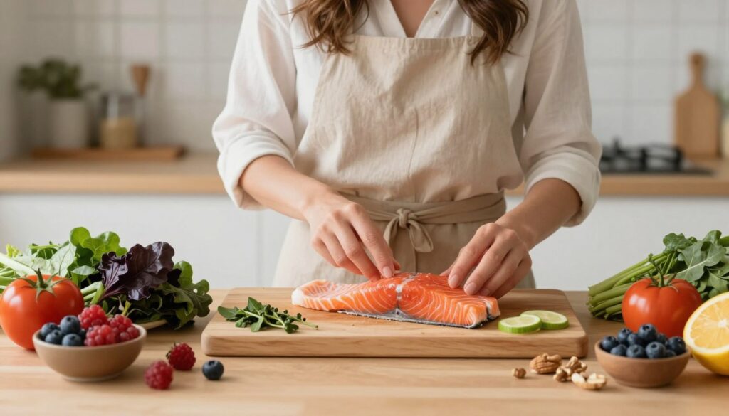 Woman preparing colorful anti-inflammatory foods including salmon, leafy greens, berries, and nuts on a kitchen counter