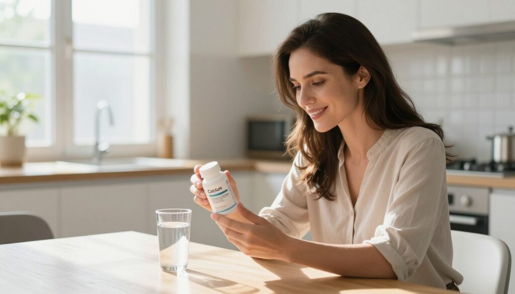 Woman reviewing calcium supplement bottle while sitting at kitchen table with glass of water