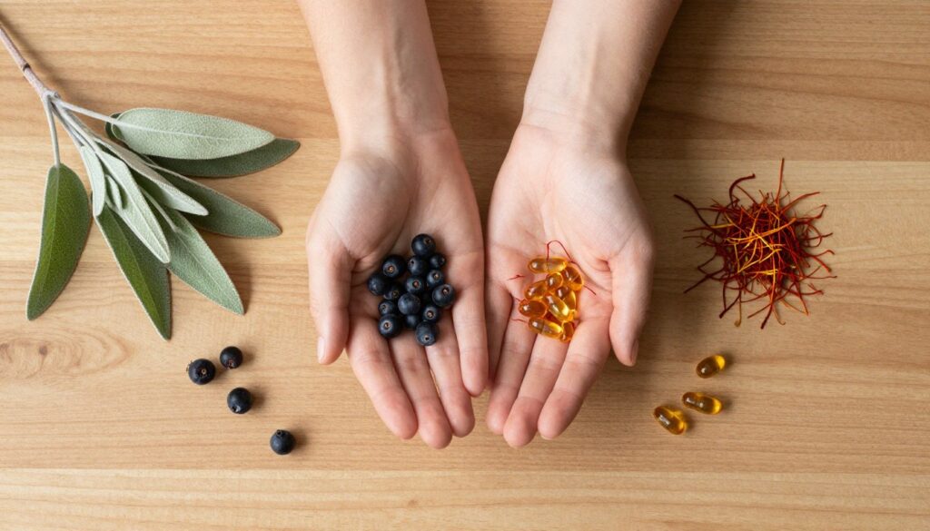 Woman reviewing herbal remedies for PMDD with natural supplements on wooden table