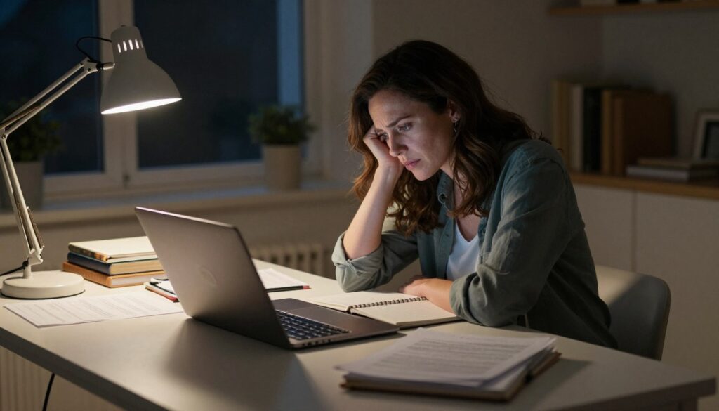 Woman working late into the night, surrounded by papers and laptop, showing perfectionism and self-imposed pressure related to anxiety