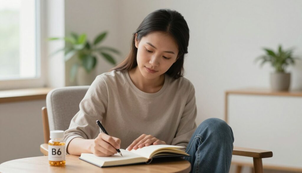Woman writing in a mood journal tracking PMDD symptoms and vitamin B6 supplementation effects