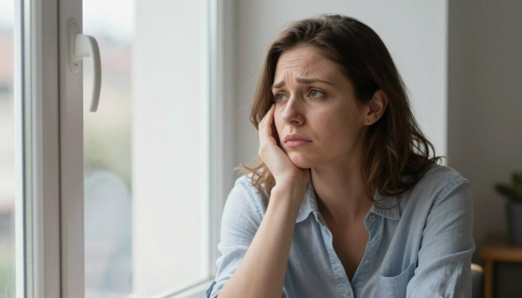 woman experiencing PMDD symptoms looking distressed