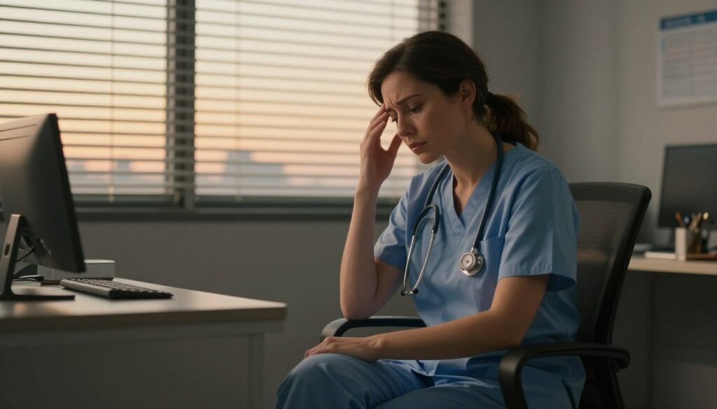 woman experiencing emotional exhaustion while maintaining professional composure