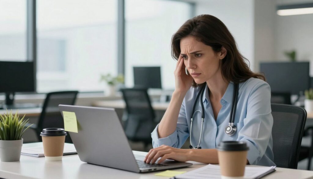 woman overthinking while appearing productive at work